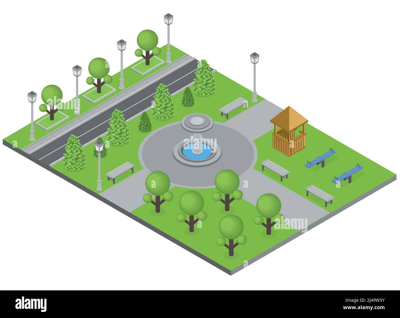 Parc municipal avec fontaine d'arbres et terrain de sport, vecteur isométrique illustration Illustration de Vecteur