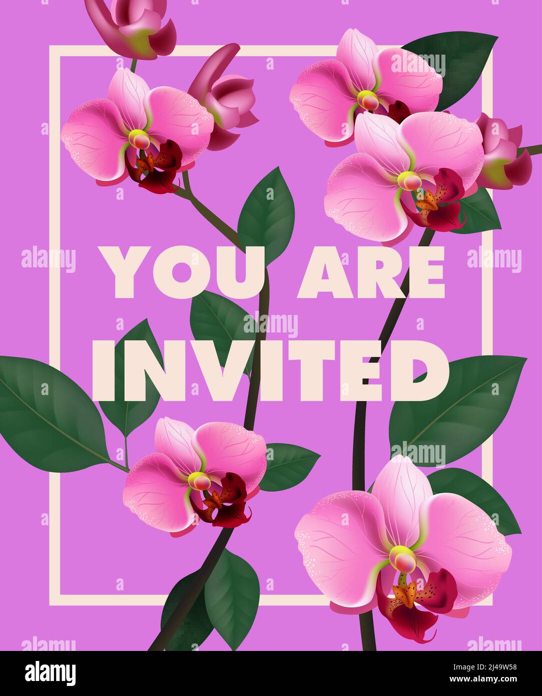 Vous êtes invité lettering avec orchidée rose sur fond violet. Texte manuscrit, calligraphie. Concept de célébration. Peut être utilisé pour l'invitation, la circulaire Illustration de Vecteur