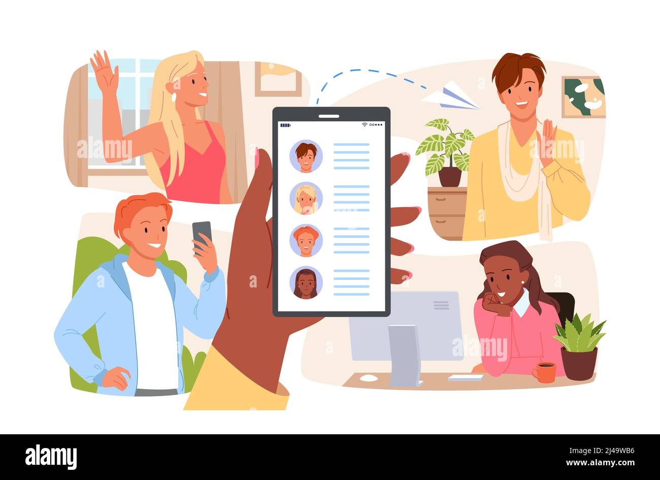 Grâce au téléphone mobile, les utilisateurs peuvent envoyer des messages instantanés Illustration de Vecteur