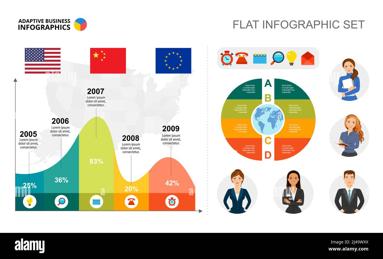 Calendrier de l'entreprise et modèle de graphique de secteur pour la présentation. Visualisation des données métier. Partenariat, analyse, conseil ou marketing conc. Créatif Illustration de Vecteur