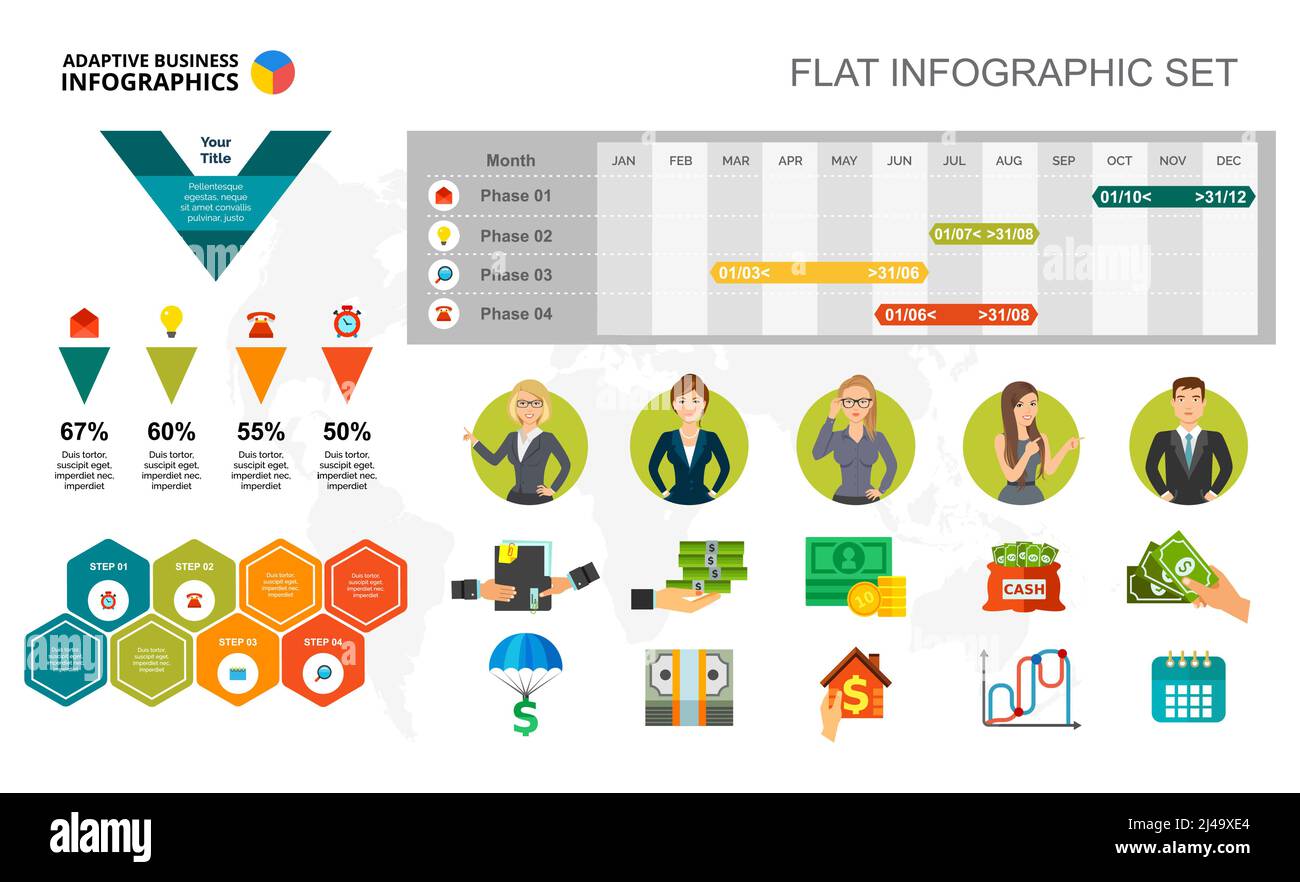 Calendrier financier et modèle de graphique de pourcentage pour présentation. Illustration vectorielle. Diagramme, graphique, infographique. Stratégie, finance, planification ou marque Illustration de Vecteur