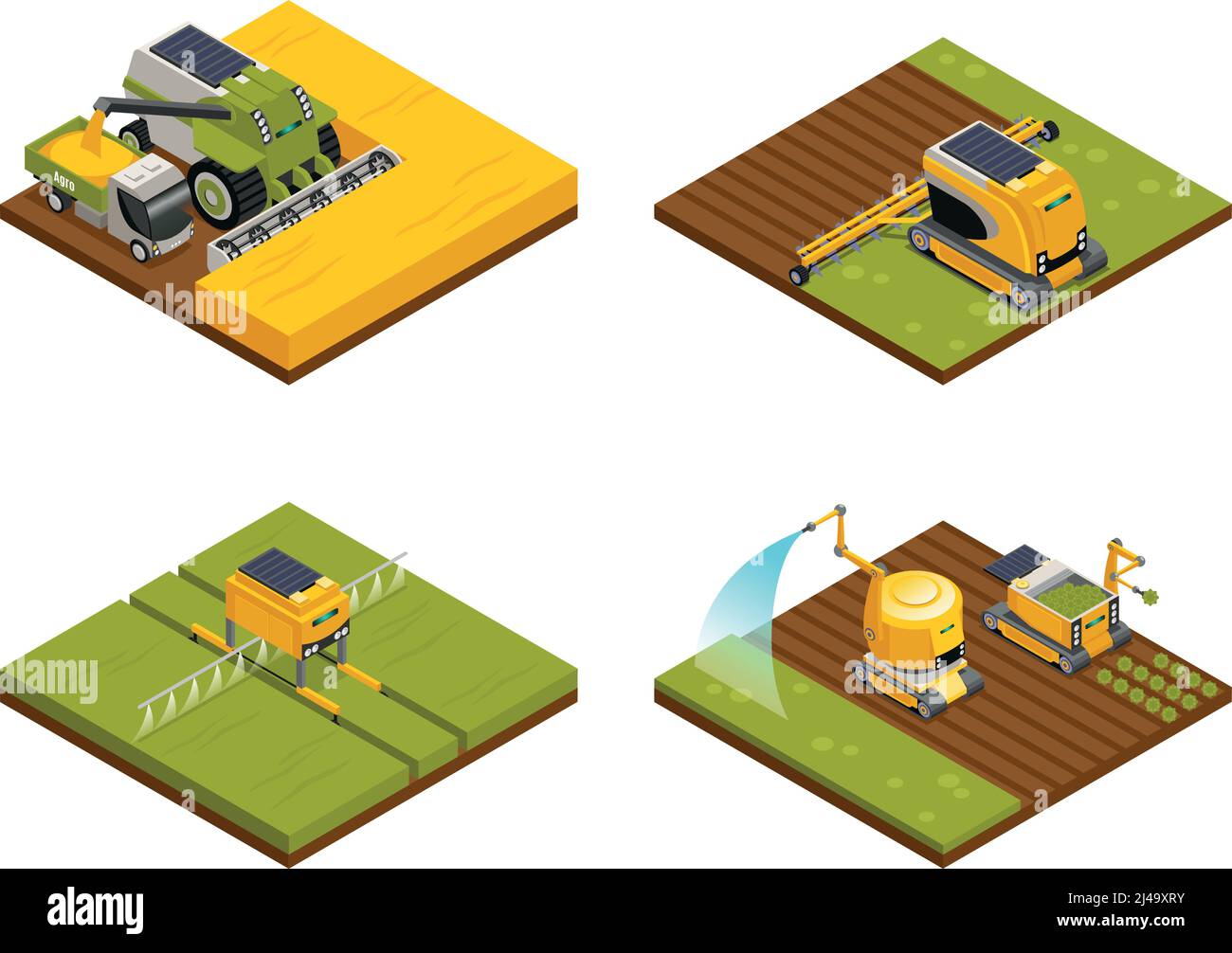Robots agricoles concept 4 compositions isométriques avec plantation de labour de binage illustration vectorielle des machines d'arrosage et de récolte Illustration de Vecteur