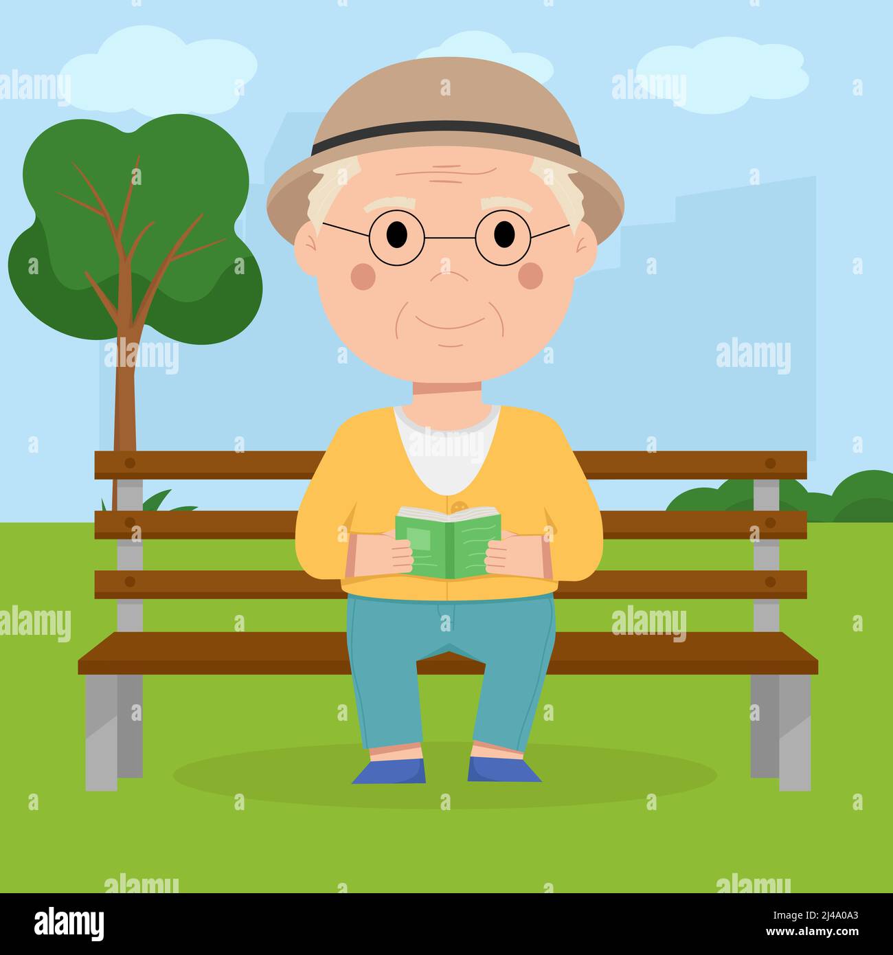 Grandpa est assis sur un banc dans le parc et lit un livre Illustration de Vecteur
