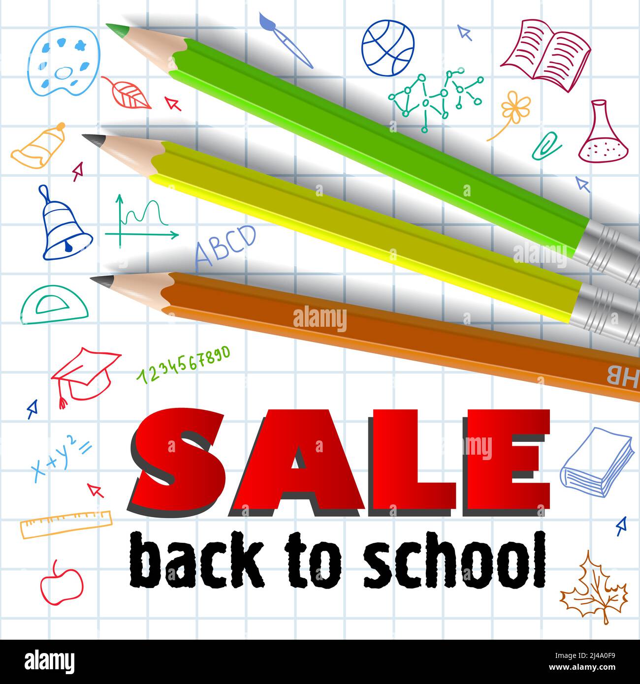 Solde, lettrage de retour à l'école et crayons de couleur. Proposer ou vendre la conception publicitaire. Texte tapé, calligraphie. Pour dépliants, brochures, invitations, p Illustration de Vecteur