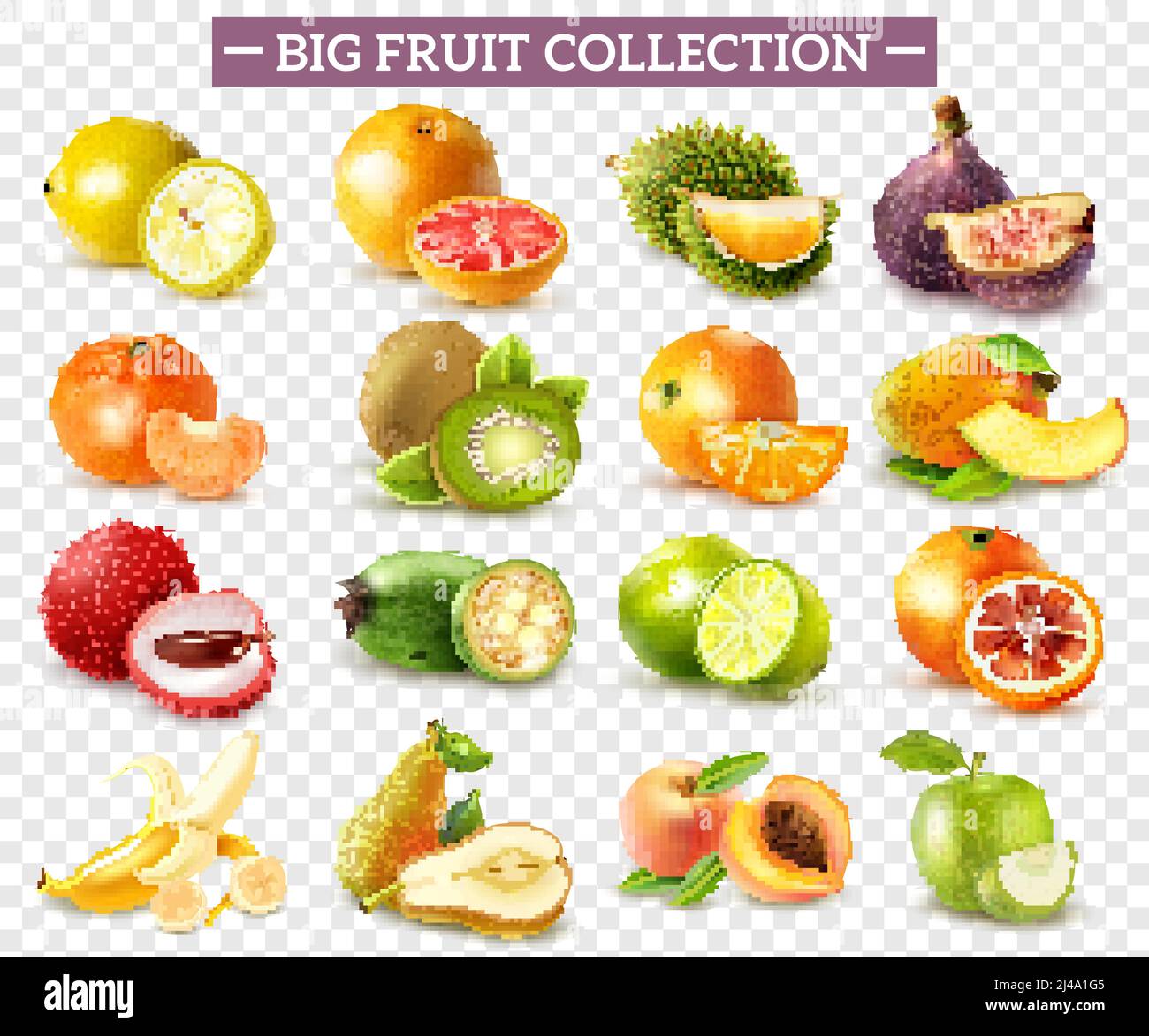 Ensemble réaliste de différents types de fruits avec kiwi orange poire citron lime pomme isolée sur fond transparent illustration vectorielle Illustration de Vecteur