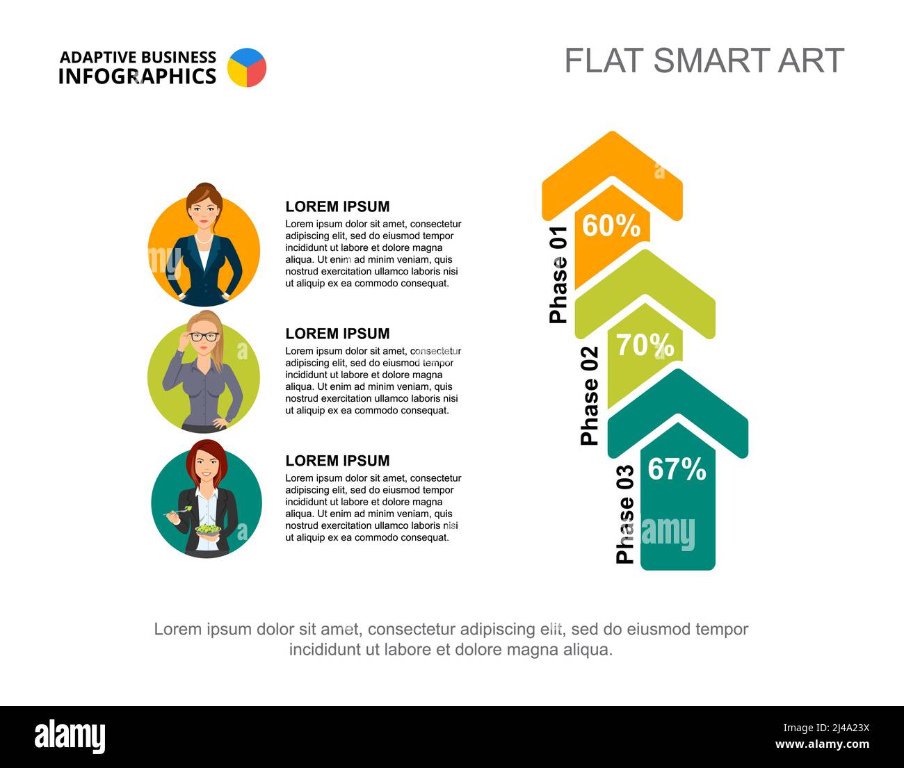 Modèle de graphique de pourcentage de trois collègues pour la présentation. Visualisation des données métier. Concept créatif d'entreprise, de planification, d'analyse ou de travail d'équipe f Illustration de Vecteur