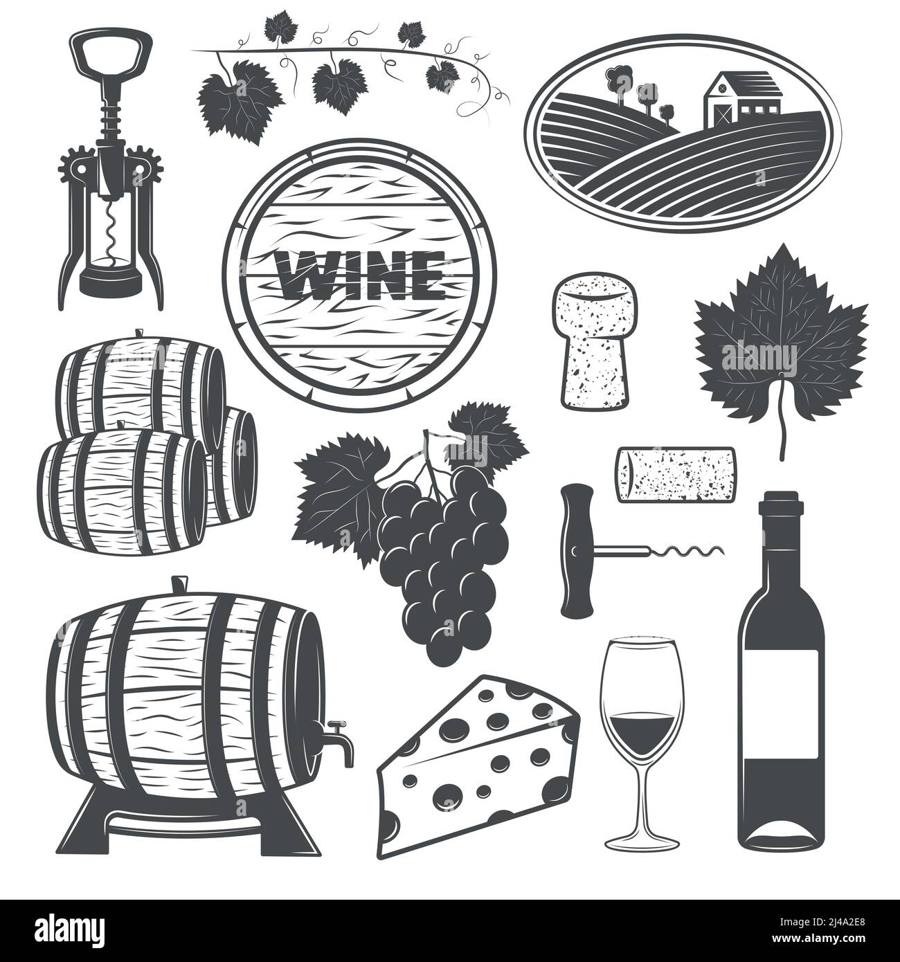 Ensemble d'objets monochromes de vin avec des fûts de bois de vigne de illustration vectorielle isolée de corkviss de fromage de raisin Illustration de Vecteur