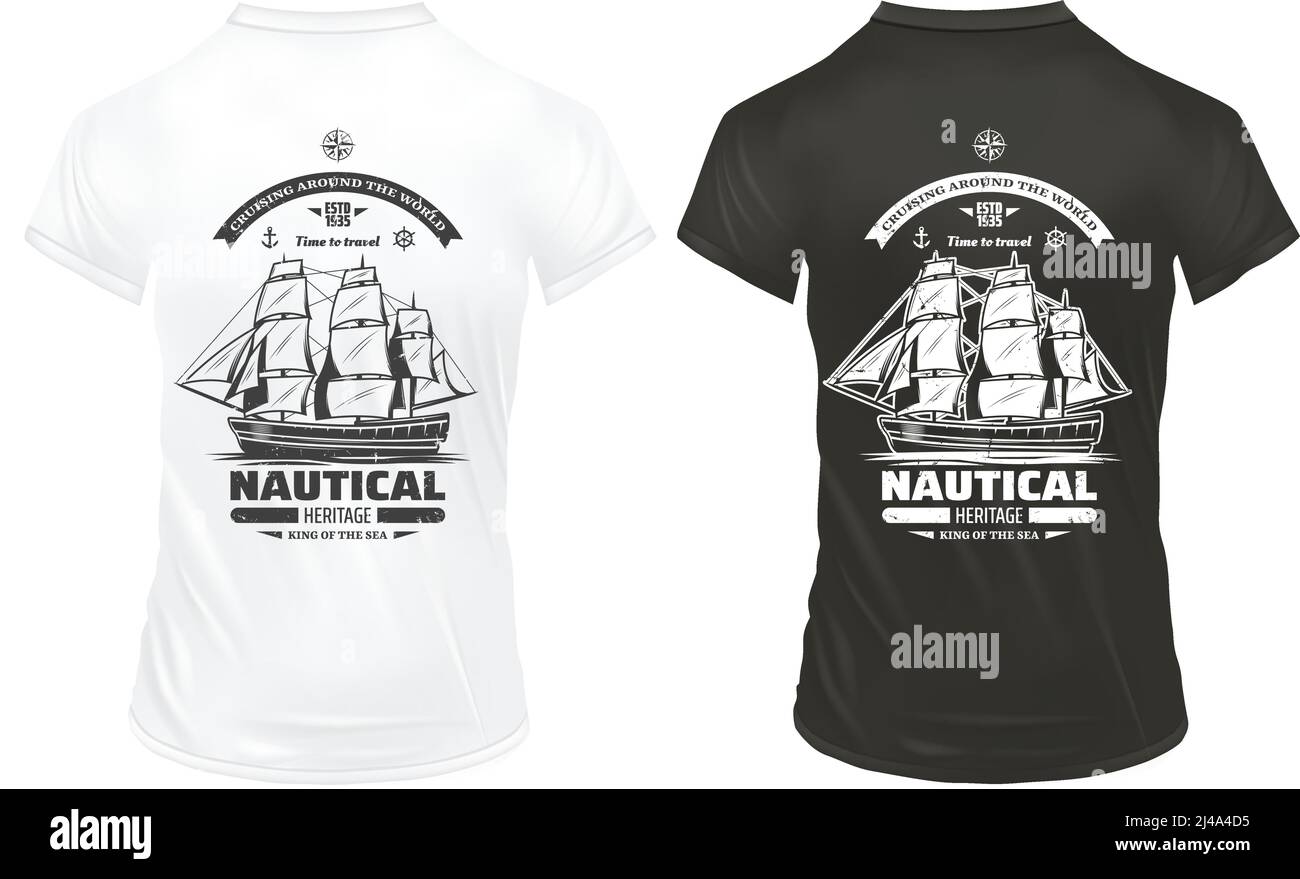 Modèle d'imprimés marins et nautiques vintage avec inscriptions et grandes illustration vectorielle isolée navire sur chemises Illustration de Vecteur