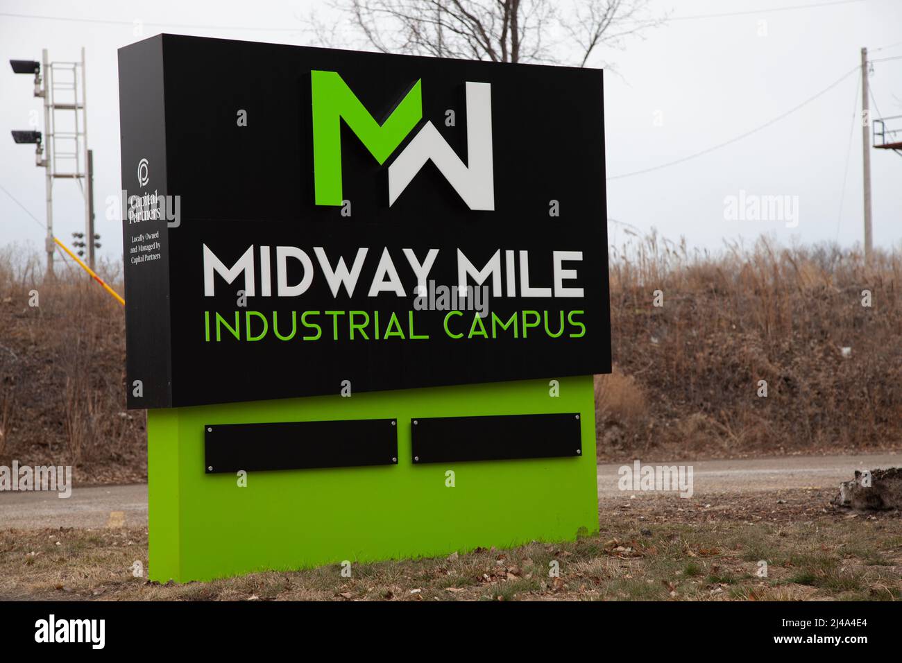 Panneau pour le parc industriel appelé 'Midway Mile Industrial Campus' dans la région de Midway. St Paul Minnesota MN États-Unis Banque D'Images