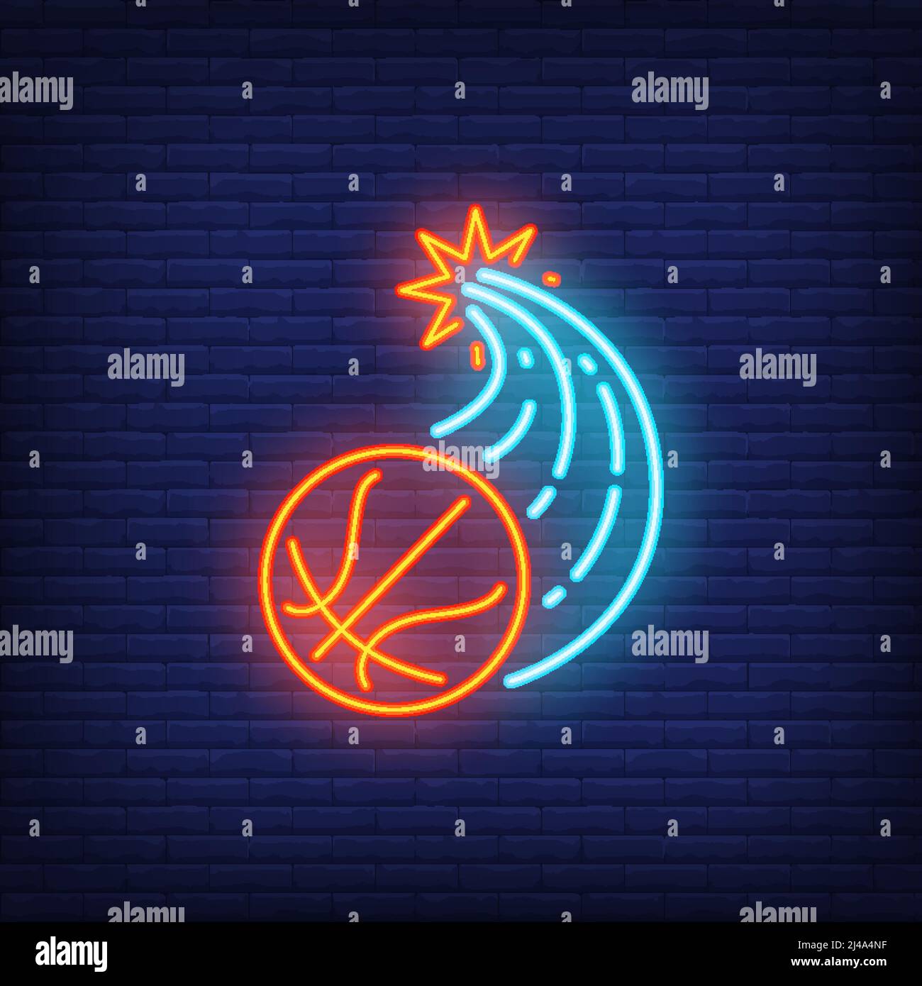 Le basket-ball traverse le mur et affiche au néon volante. Concept basket-ball, jeu d'équipe et sport. Design publicitaire. Panneau d'affichage coloré de nuit, Illustration de Vecteur
