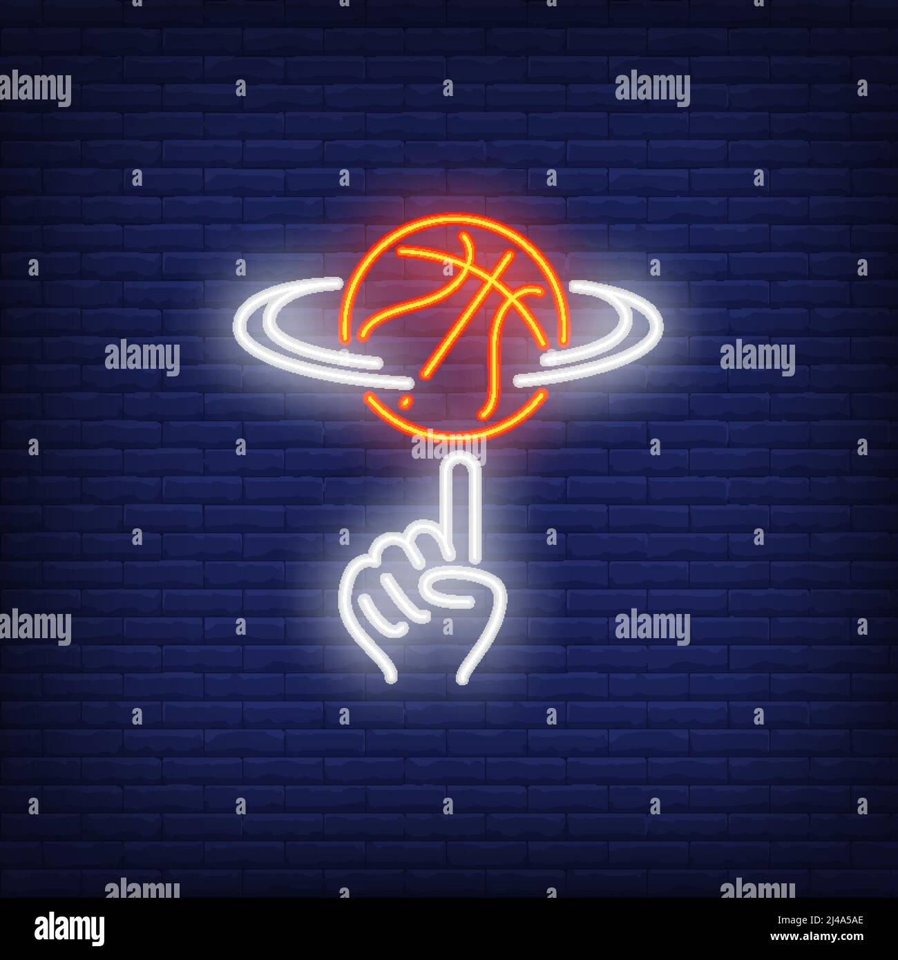 Basket-ball tournant sur l'enseigne néon de doigt. Concept basket-ball, jeu d'équipe et sport. Design publicitaire. Panneau d'affichage coloré de nuit, bannière lumineuse. Illustration de Vecteur