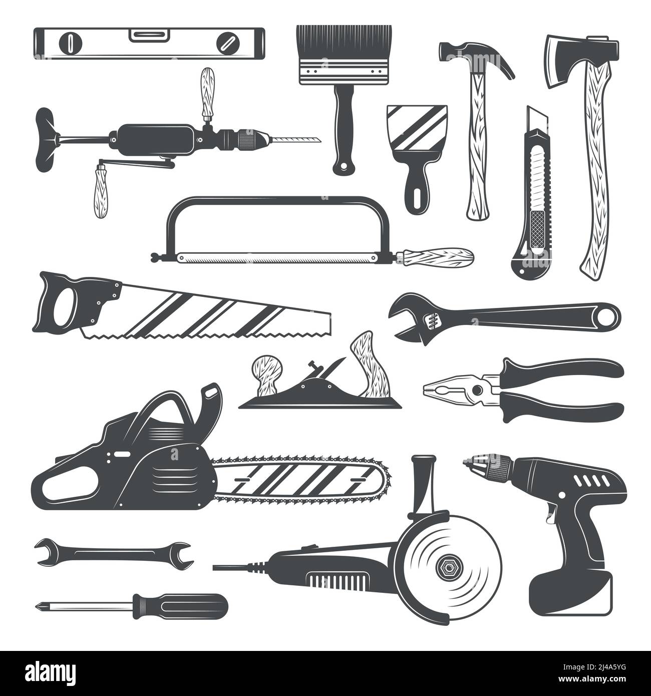 Jeu d'outils de travail monochrome avec scie et marteau à hache illustration vectorielle isolée avec tournevis et clé de niveau Illustration de Vecteur