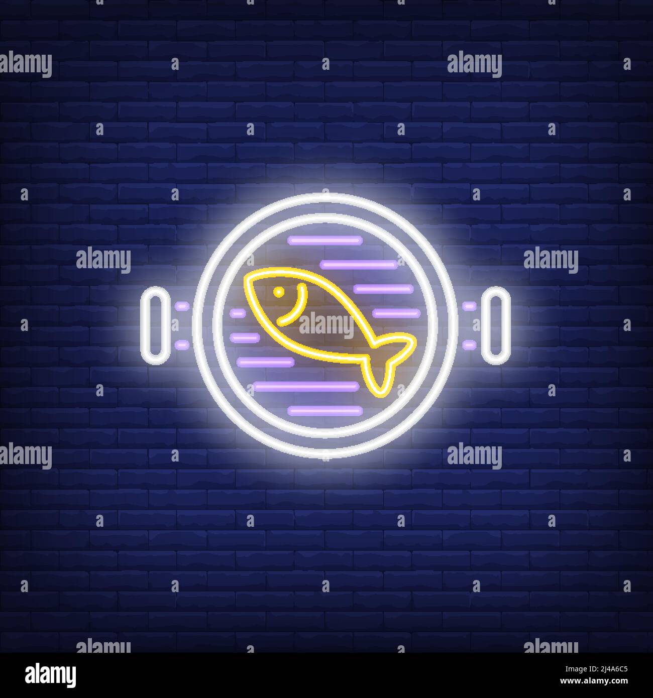 Affiche néon poisson sur barbecue. Barbecue, barbecue, dîner concept. Design publicitaire. Panneau néons lumineux de nuit, panneau d'affichage coloré, bannière lumineuse. VEC Illustration de Vecteur