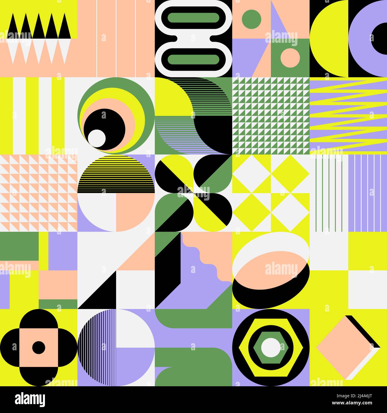 Motif vectoriel abstrait couleur néon composé de formes et d'éléments géométriques variés. Design graphique numérique pour poster, couverture, art, presenta Illustration de Vecteur
