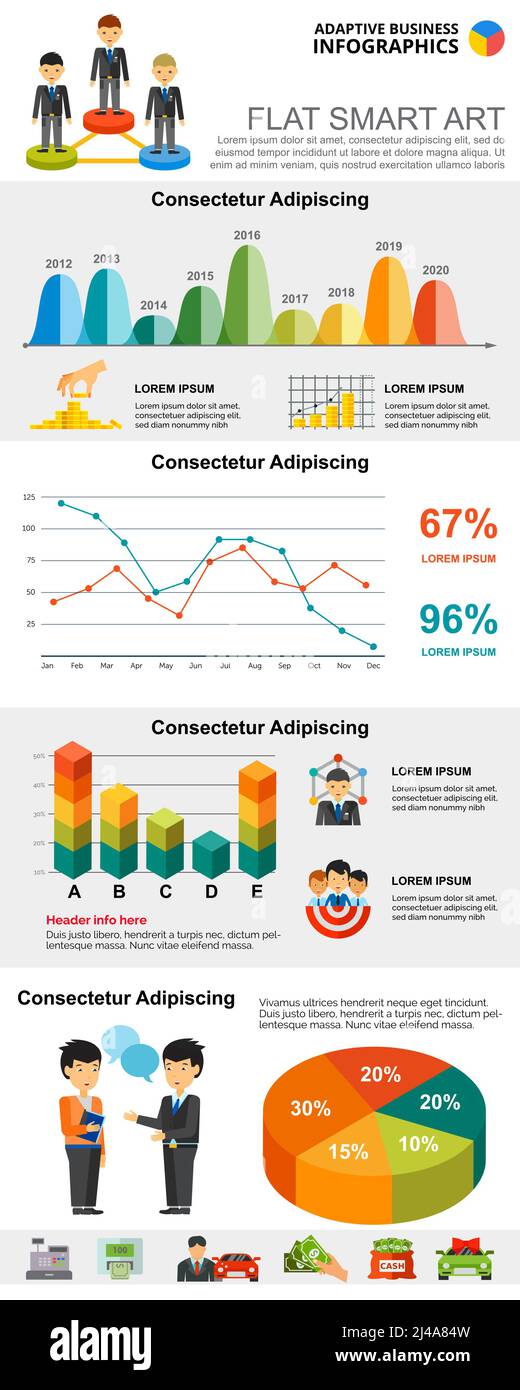 Ensemble de graphiques infographiques sur les concepts de finance ou de travail d'équipe colorés. Chronogramme, graphique circulaire et graphique linéaire pour les modèles de diapositives de présentation. Peut être utilisé à des fins financières Illustration de Vecteur