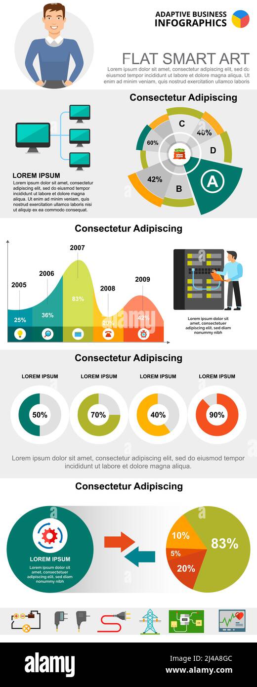 Ensemble de graphiques infographiques sur les concepts des technologies de l'information. Secteurs d'activité et diagrammes circulaires pour les modèles de diapositives de présentation. Peut être utilisé pour la repo financière Illustration de Vecteur