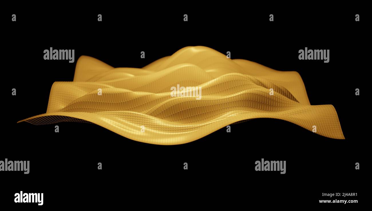 Objet de forme d'onde filaire or flottant et visualisation abstraite des ondes sonores avec mise au point sélective Banque D'Images