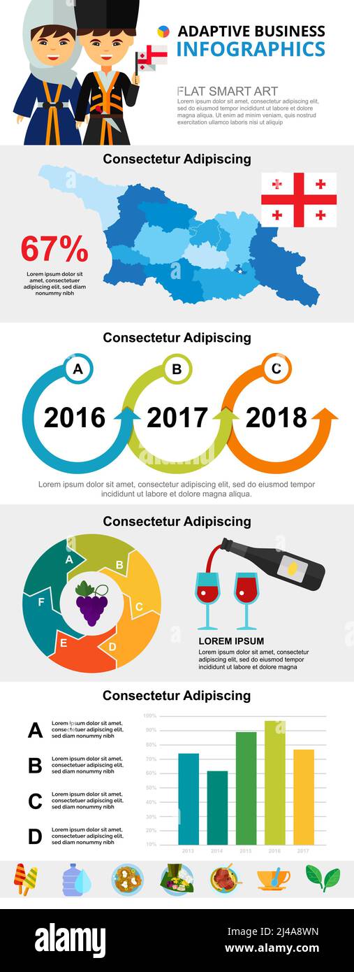 Ensemble de graphiques infographiques de la culture et de l'analyse géorgiennes. Processus métier et graphiques à barres pour les modèles de diapositives de présentation. Pour le rapport d'entreprise, Illustration de Vecteur