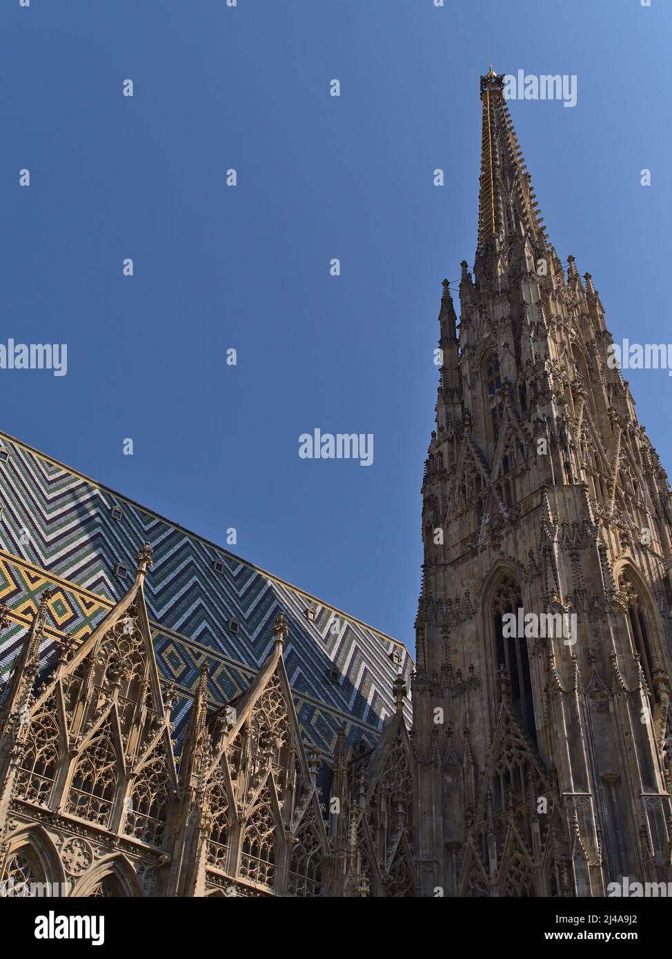 Belle vue à angle bas de la tour de l'église Cathédrale Saint-Étienne (allemand : Stephansdom) dans le centre historique de Vienne, Autriche par beau temps. Banque D'Images