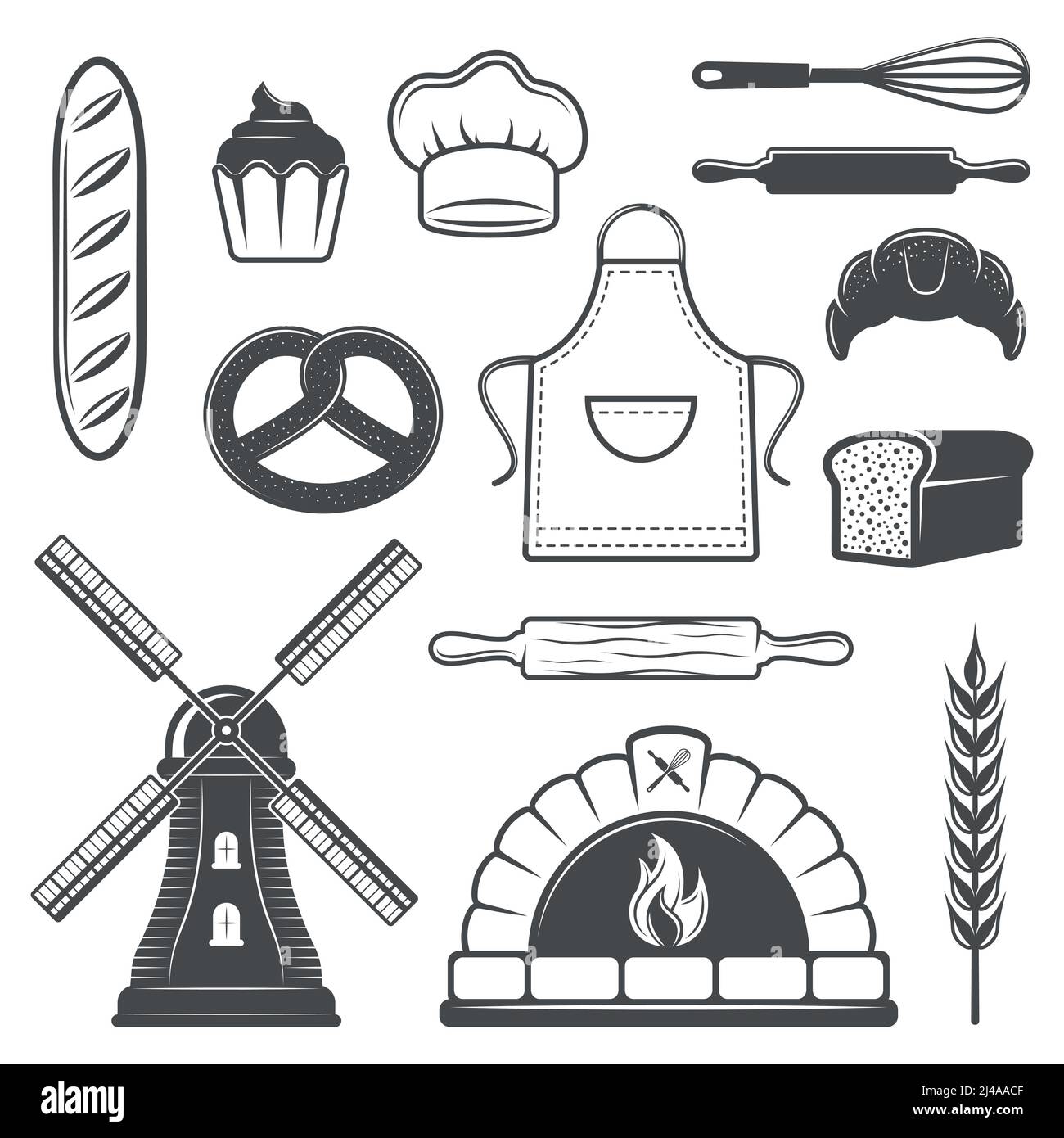 Ensemble de pâtisseries et d'éléments monochromes avec four à pain et à pâtisserie illustration de vecteur isolé de moulin à outils et de blé Illustration de Vecteur