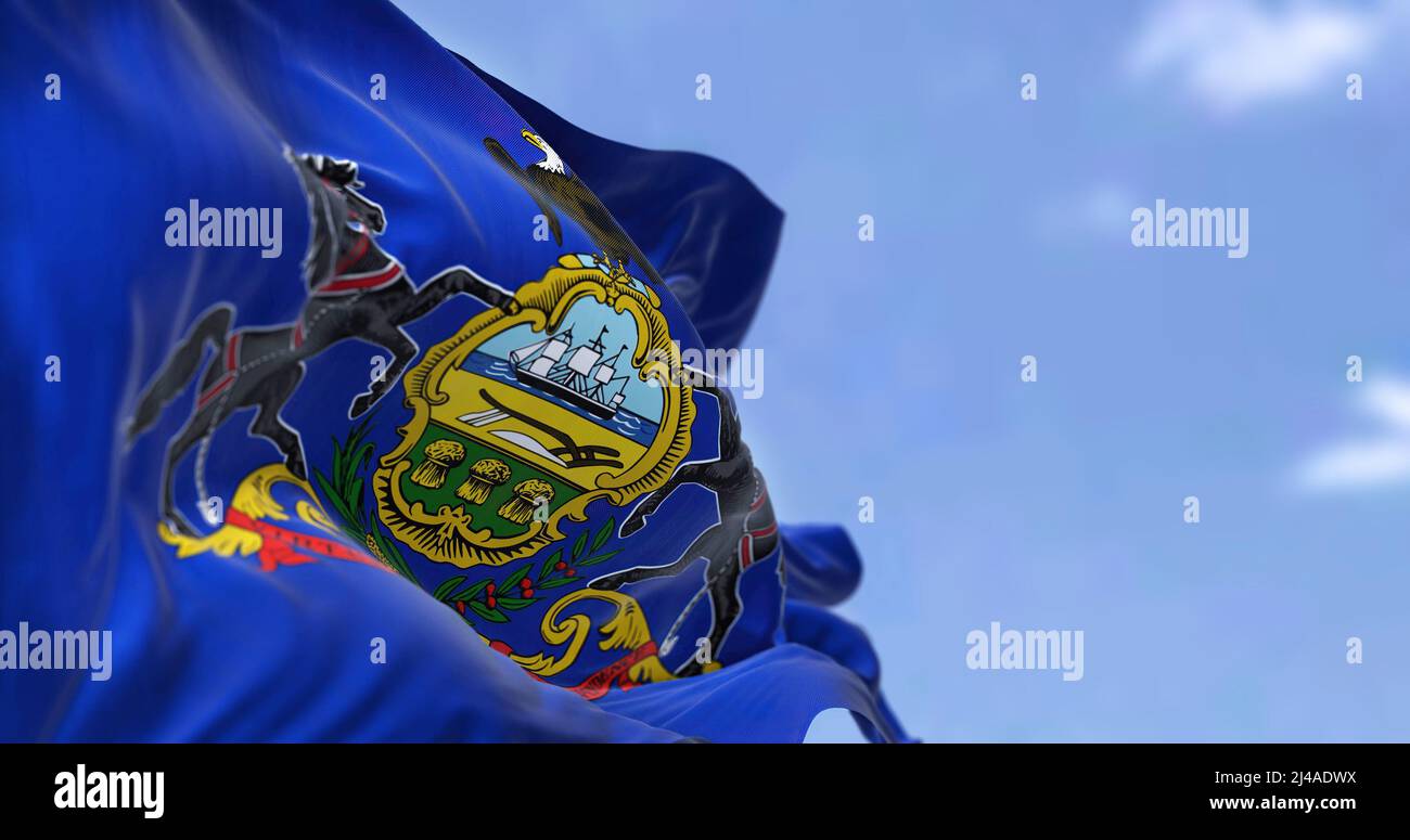 Le drapeau américain de la Pennsylvanie agitant sous le vent. La Pennsylvanie est un État américain qui couvre les régions du Moyen-Atlantique, du Nord-est et des Appalaches de Banque D'Images