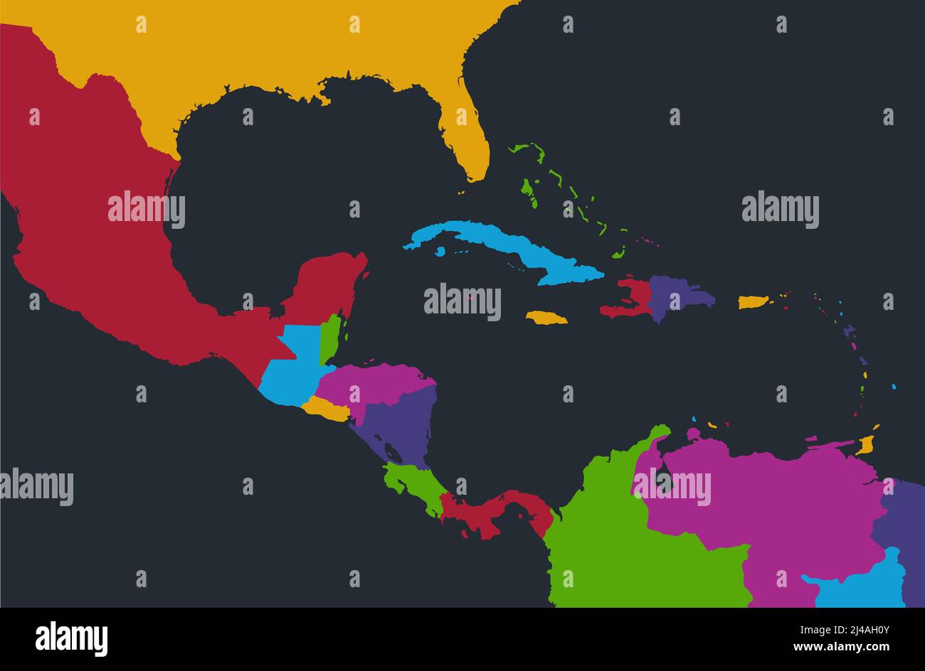 Infographies carte de l'Amérique centrale et des Caraïbes, couleurs plates, États et île, fond bleu, vierge Banque D'Images