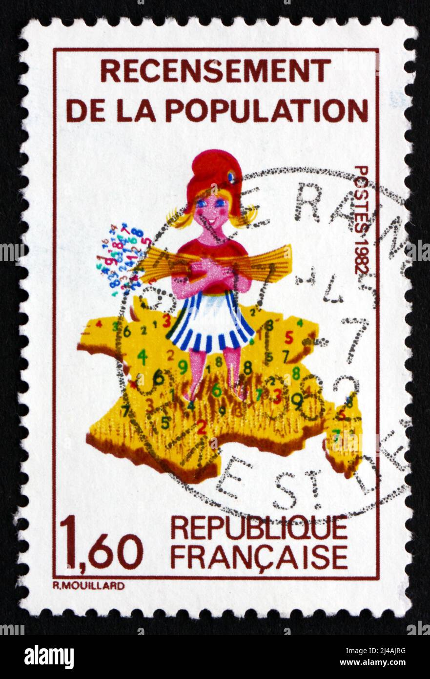 FRANCE - VERS 1982 : un timbre imprimé en France montre Girl et la carte de France, Recensement national, vers 1982 Banque D'Images