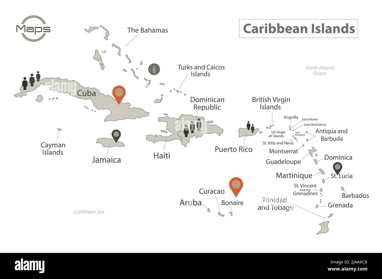 Carte des îles des Caraïbes, île individuelle avec noms, infographies et vecteur d'icônes Illustration de Vecteur