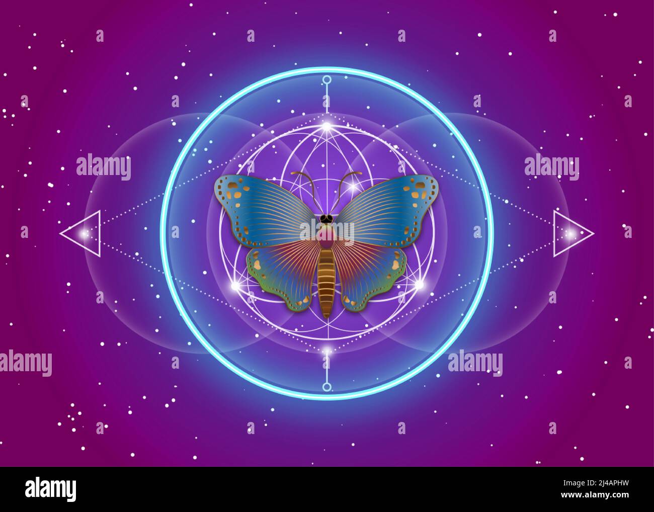 Papillon sur mandala, géométrie sacrée, logo symbole de l'harmonie et de l'équilibre, néon psychédélique brillant. Décoration géométrique colorée, yoga relax, Illustration de Vecteur