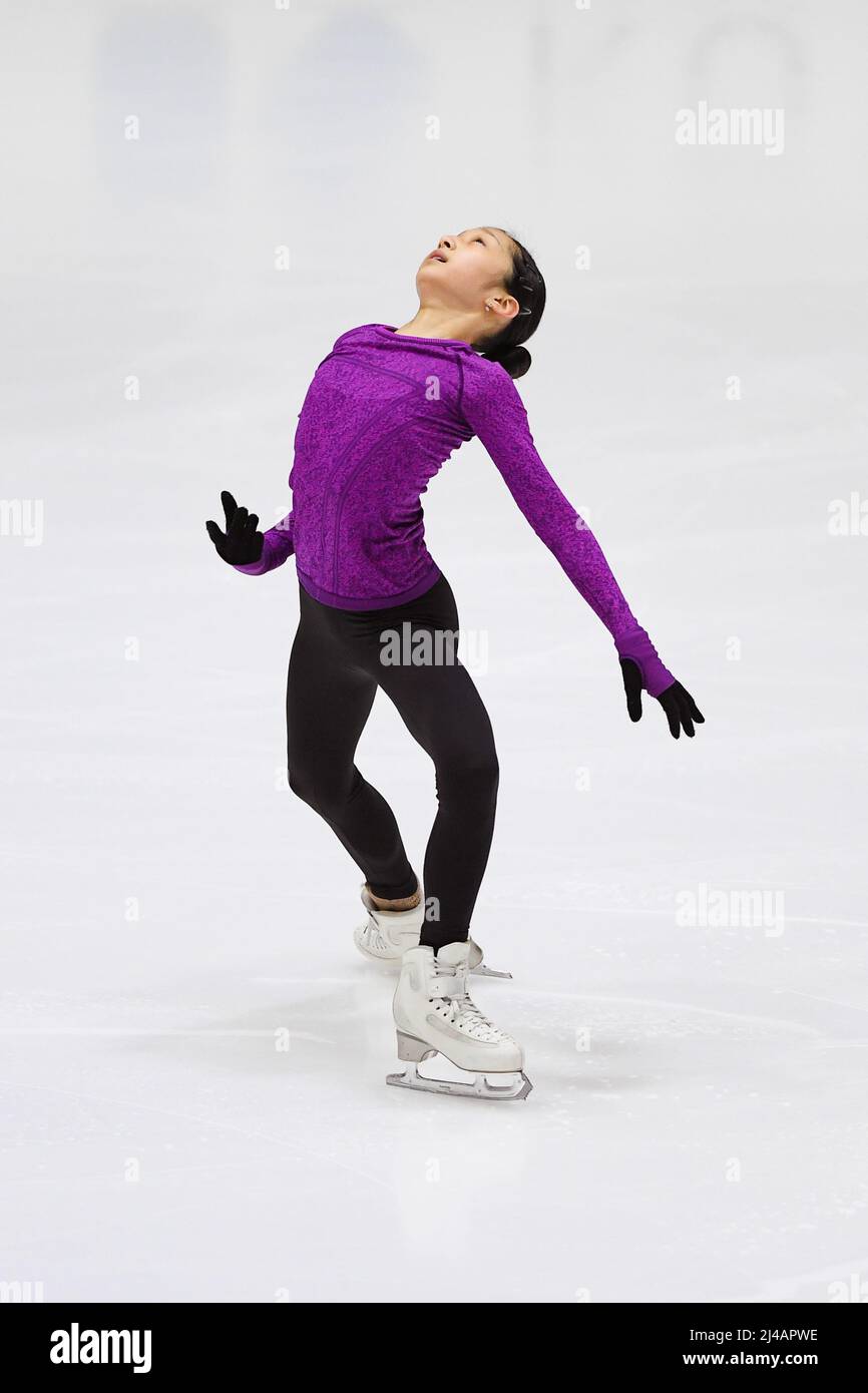 Tallinn, Estonie. 13th avril 2022. Jia SHIN (KOR), pendant la pratique féminine, aux Championnats du monde juniors de patinage artistique 2022 de l'UIP, à la patinoire de Tondiaba, le 13 avril 2022 à Tallinn, Estonie. Credit: Raniero Corbelletti/AFLO/Alay Live News Credit: AFLO Co. Ltd./Alay Live News Banque D'Images