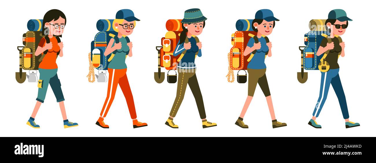Femme de randonnée avec sac à dos - ensemble de dessin animé Illustration de Vecteur