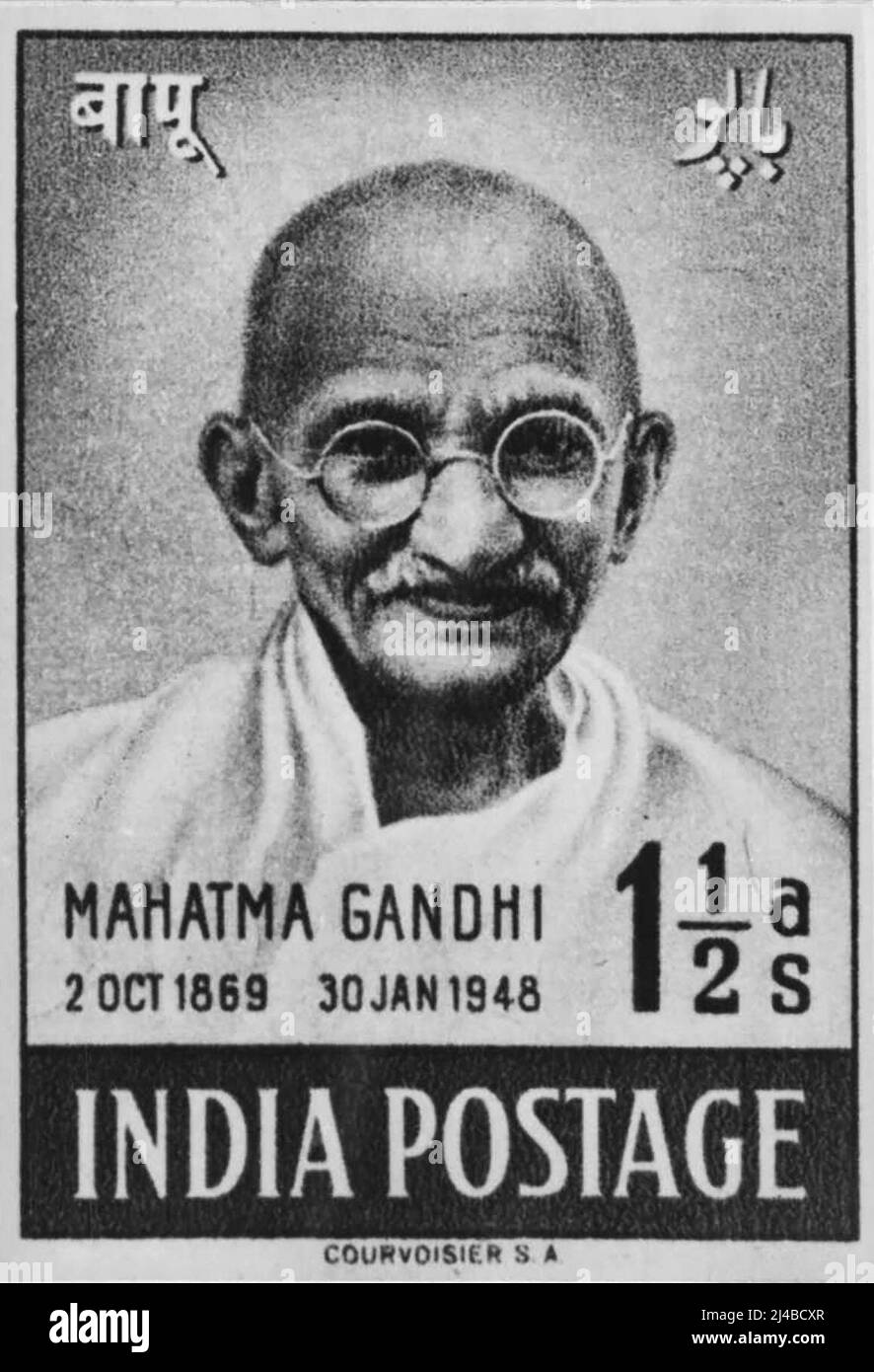 Timbre commémoratif Mahatma Gandhi -- plus de 3 crores de ces timbres seront imprimés et émis à l'occasion du premier anniversaire du jour de l'indépendance. Cinq millions de timbres de cette dénomination ont déjà atteint l'Inde depuis la Suisse où ils sont imprimés par photogravure. Les autres dénominations sont 3½ AS, 12 AS et RS. 10. 27 juillet 1948. Banque D'Images