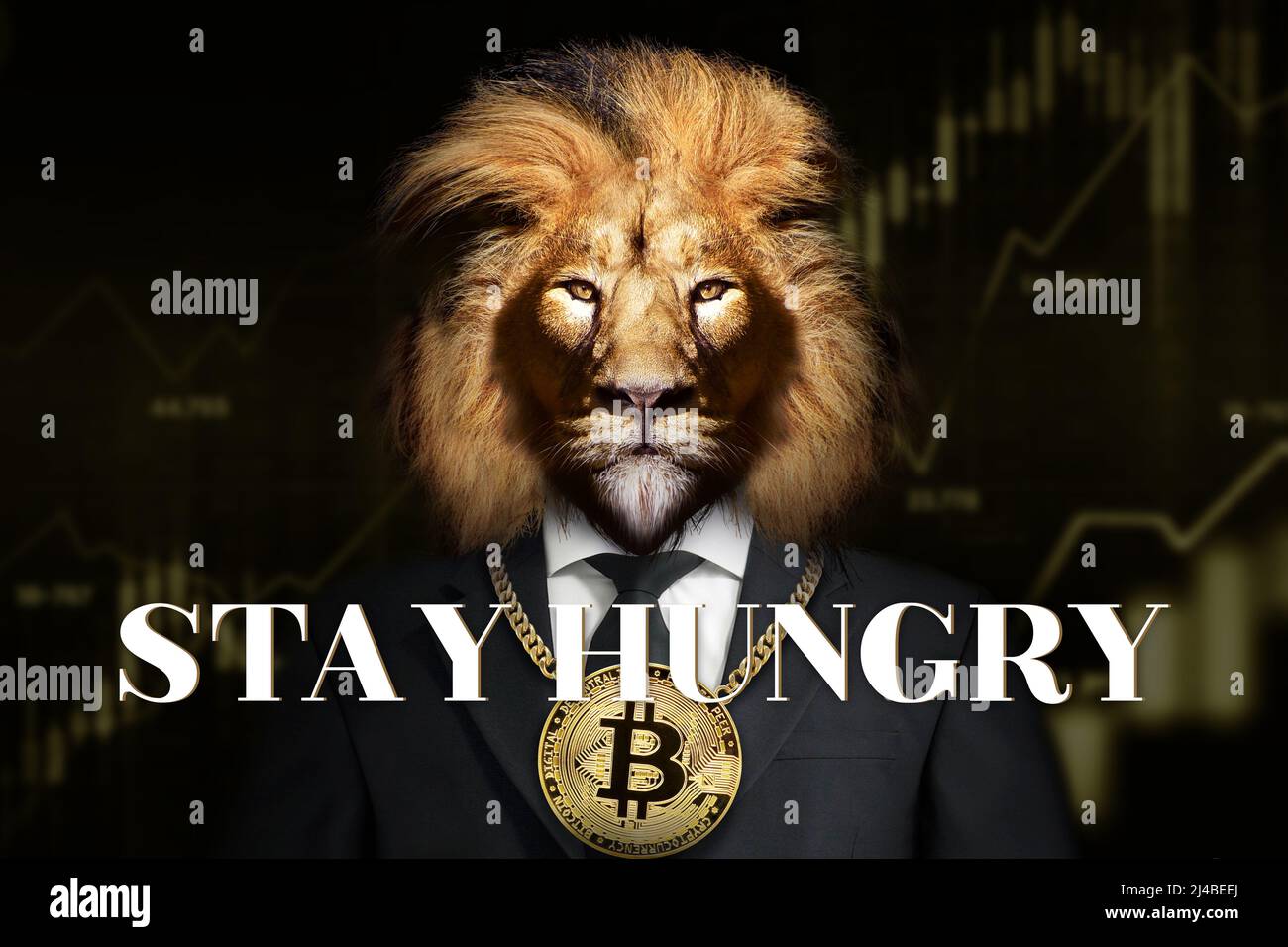 RESTEZ SOUS LE coup d'un LION AFFAMÉ avec Bitcoin autour de son cou, motivation Business Banque D'Images