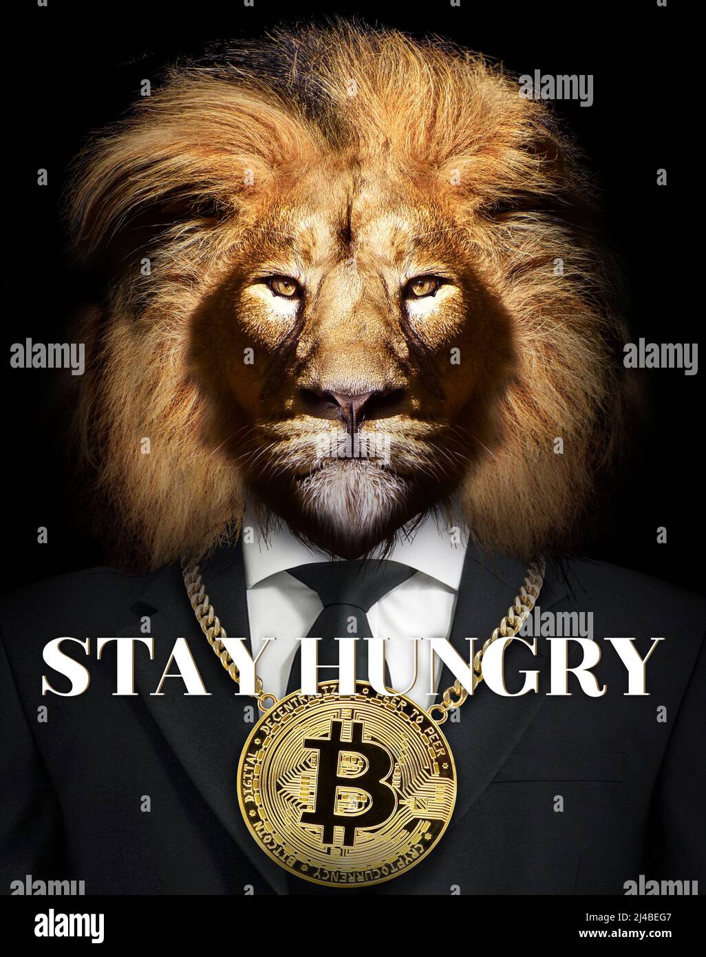 RESTEZ SOUS LE coup d'un LION AFFAMÉ avec Bitcoin autour de son cou, motivation Business Banque D'Images