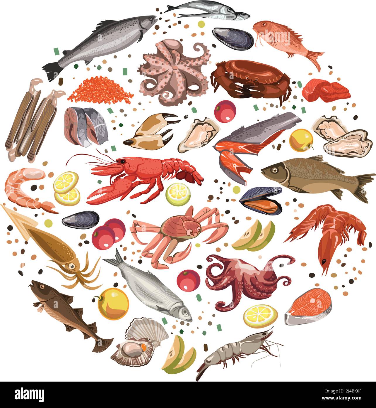 Dessin coloré produits de la mer concept rond avec la mer et l'océan animaux poissons et fruits illustration vectorielle Illustration de Vecteur