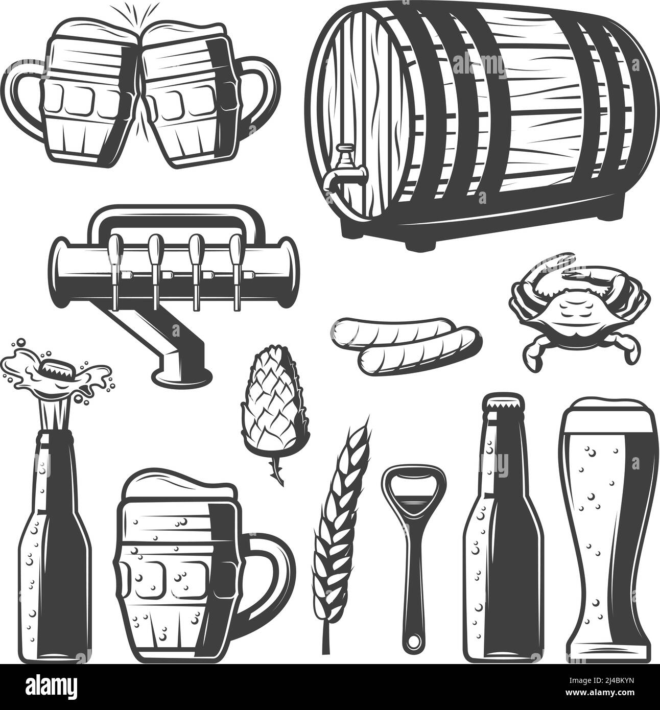 Collection vintage Beer ELEMENTS avec robinet en verre à bouteille en forme de mugs clinking illustration vectorielle isolée de l'ouvreur de crabe de houblon de blé Illustration de Vecteur
