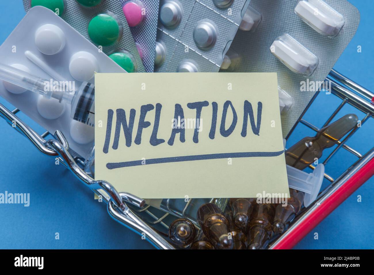 Un panier contenant des préparations médicales sur fond bleu avec une affiche d'inflation. Banque D'Images