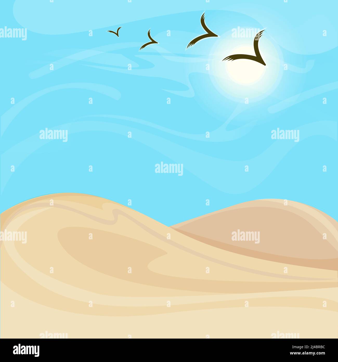 Paysage désertique lumineux et chaud avec dunes de sable et flock illustration du vecteur des oiseaux volants Illustration de Vecteur