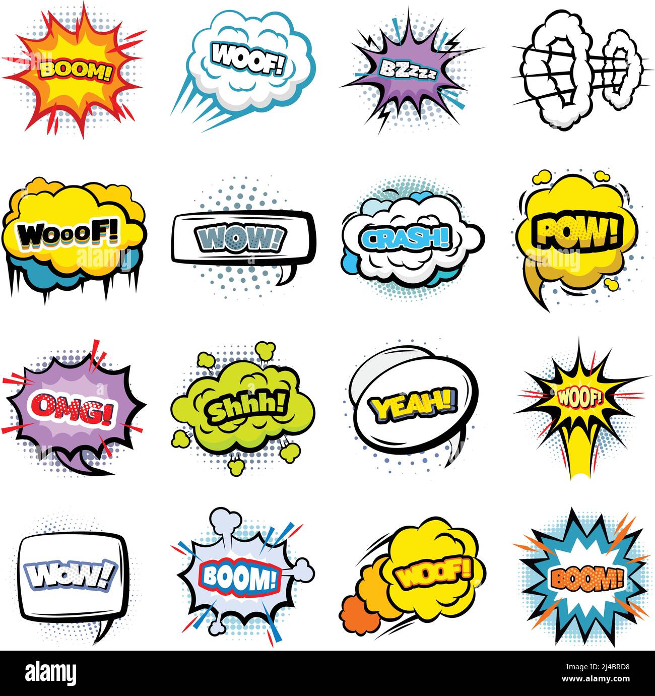 Bande dessinée coloré de bulles de parole collection de formes différentes avec des mots expressions son demi-ton et effets d'explosion illustration vectorielle isolée Illustration de Vecteur