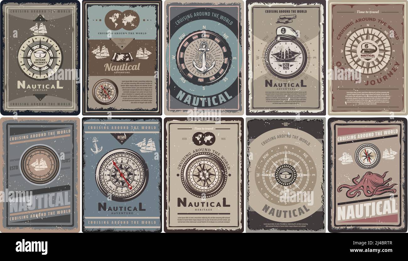 Brochures nautiques de couleur vintage avec texte différentes compas de navigation ancres navires carte capitaine chapeau octopus isolé illustration vectorielle Illustration de Vecteur