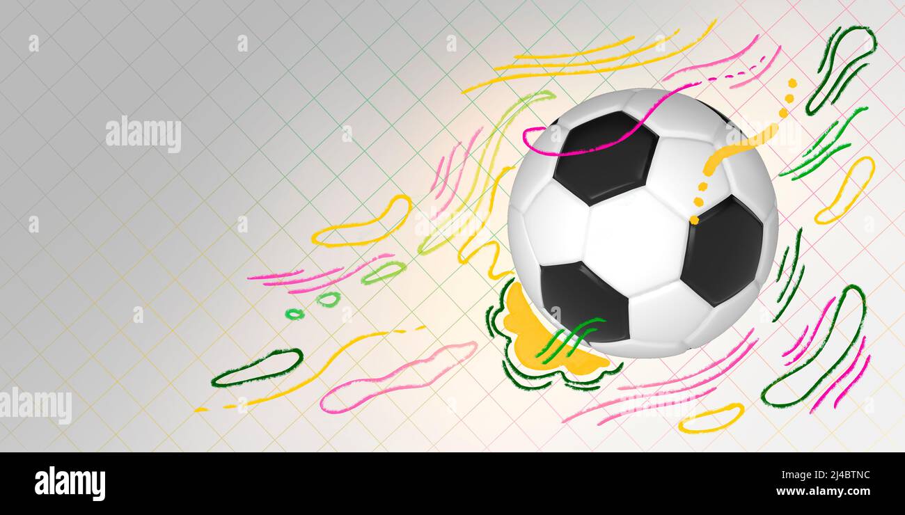 Bannière abstraite d'une balle de football réaliste avec des touches de peinture symbolisant le mouvement. Collage d'illustrations dans un style graffiti. 3D rendu. Banque D'Images