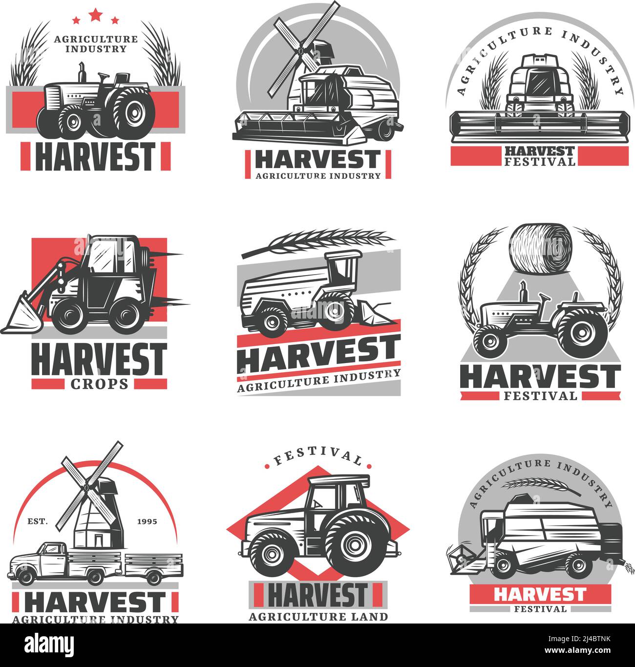Jeu d'emblèmes de récolte vintage avec inscriptions tracteurs moissonneuse-batteuse chargeuse illustration du vecteur isolé du moulin à vent des épis de blé de la balle de foin du camion Illustration de Vecteur