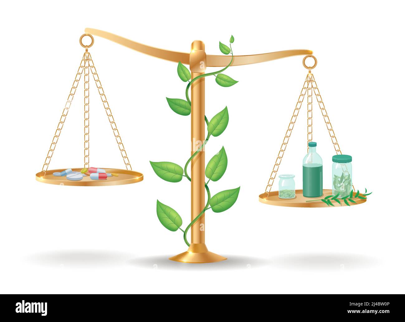 Médecine alternative balance concept avec des médicaments pilules sur un plantes et herbes de côté et naturelles sur un autre vecteur de plaque illustration Illustration de Vecteur