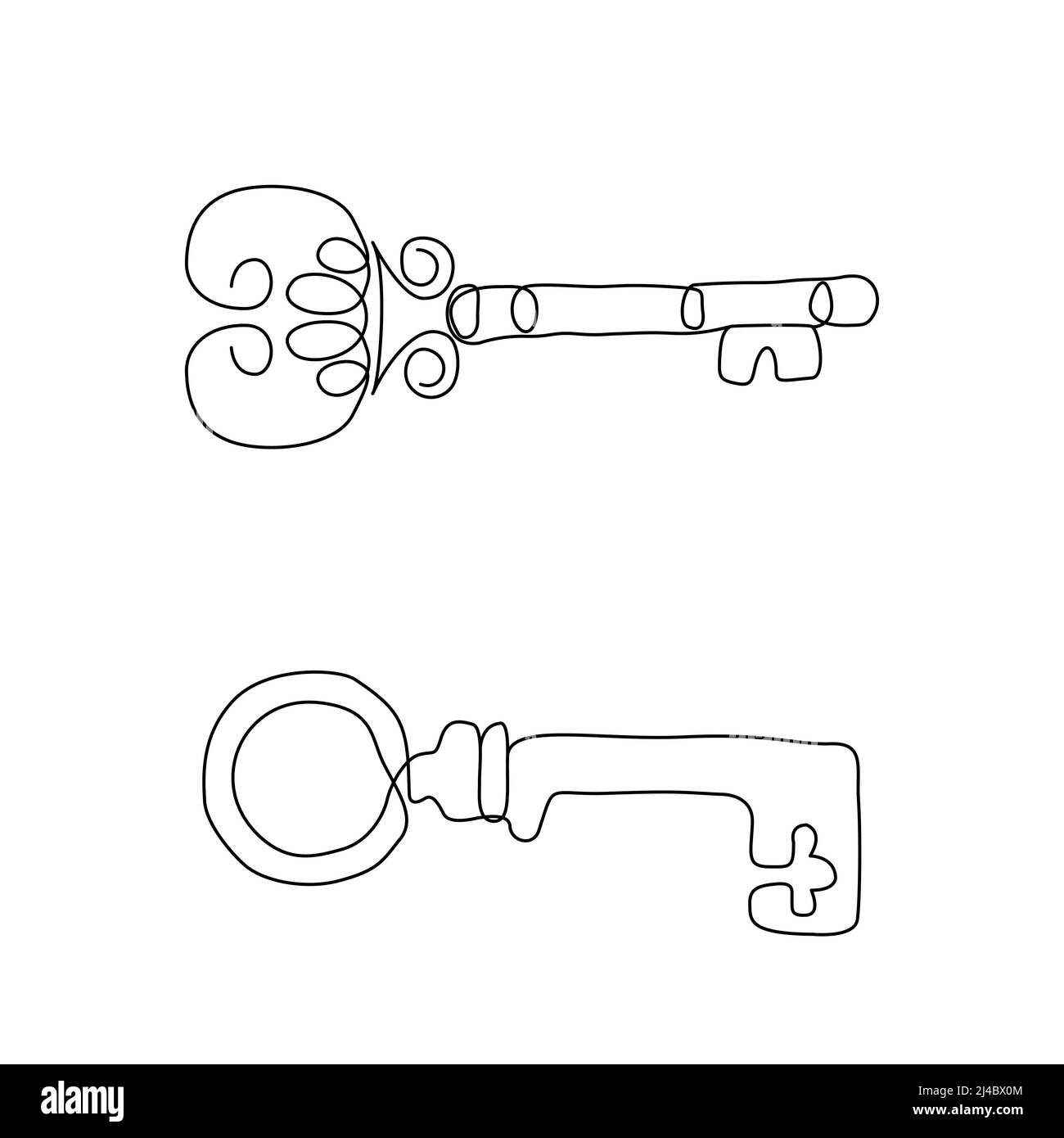 Jeu de deux dessins clés à une ligne. Art continu de ligne ancienne clé pour l'immobilier. Clé de chambre ancienne isolée Illustration de Vecteur