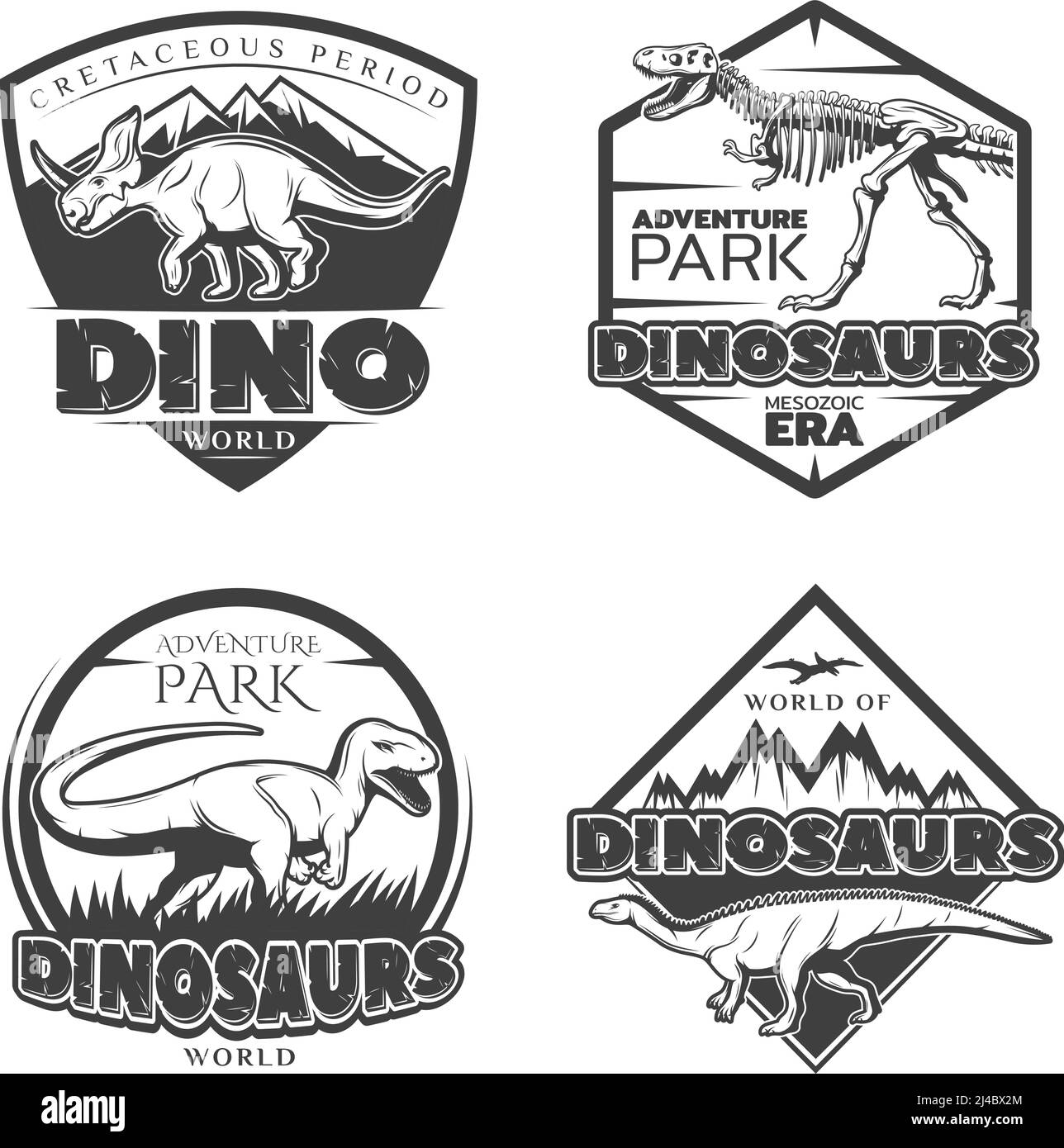 Logos de dinosaures vintage avec des créatures anciennes de jurassique et crétacé points dans l'illustration vectorielle isolée de style monochrome Illustration de Vecteur