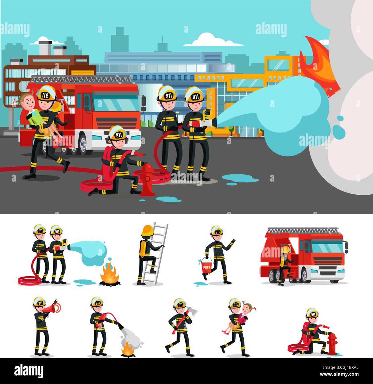 Composition colorée de lutte contre l'incendie avec une brigade de secours qui éteint l'enfant qui saute l'incendie et les pompiers dans différentes situations illustration vectorielle Illustration de Vecteur