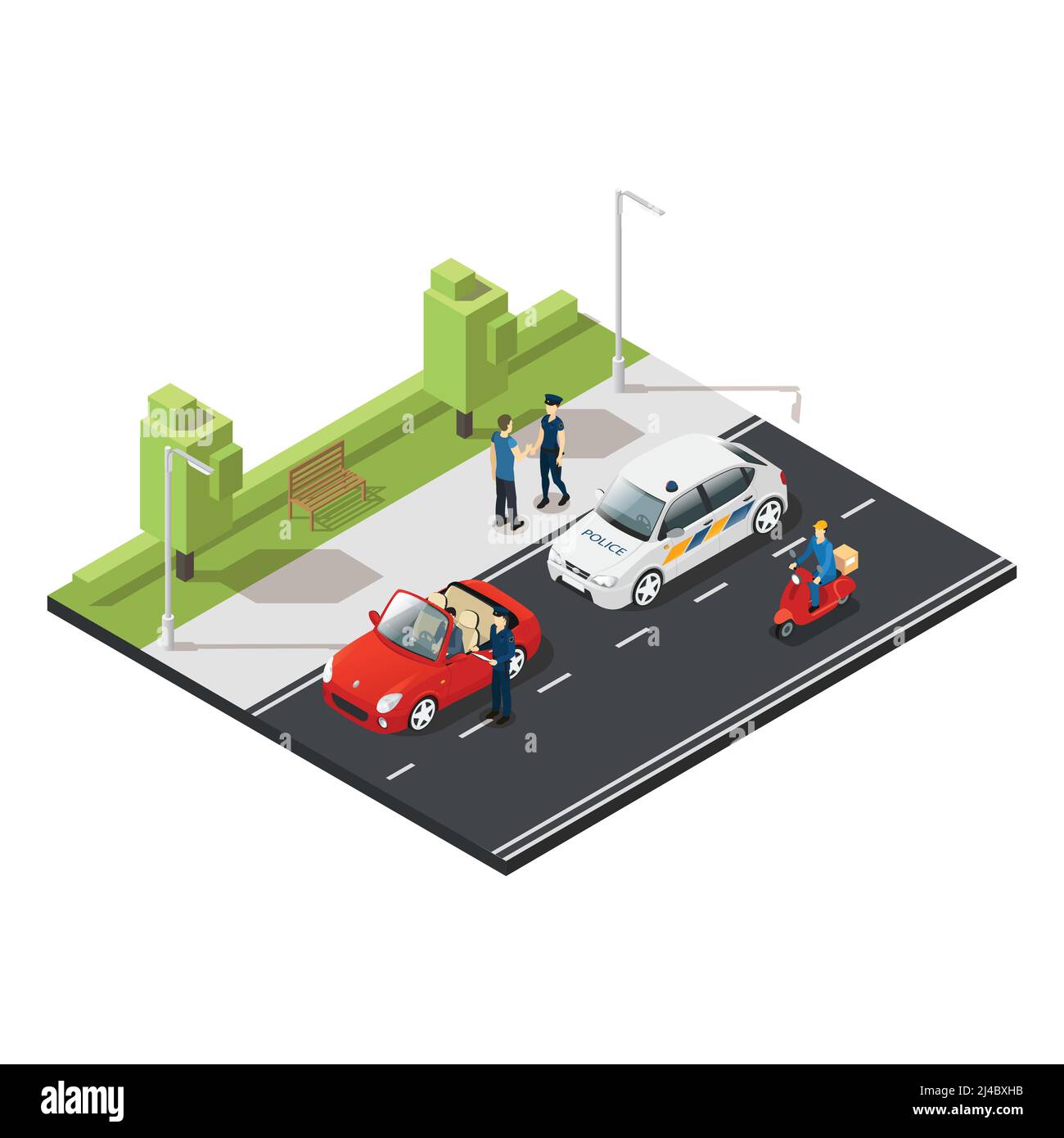 Concept de circulation isométrique coloré avec des policiers arrêtant le contrevenant illustration de vecteur de scooter d'équitation rouge cabriolet et postman Illustration de Vecteur
