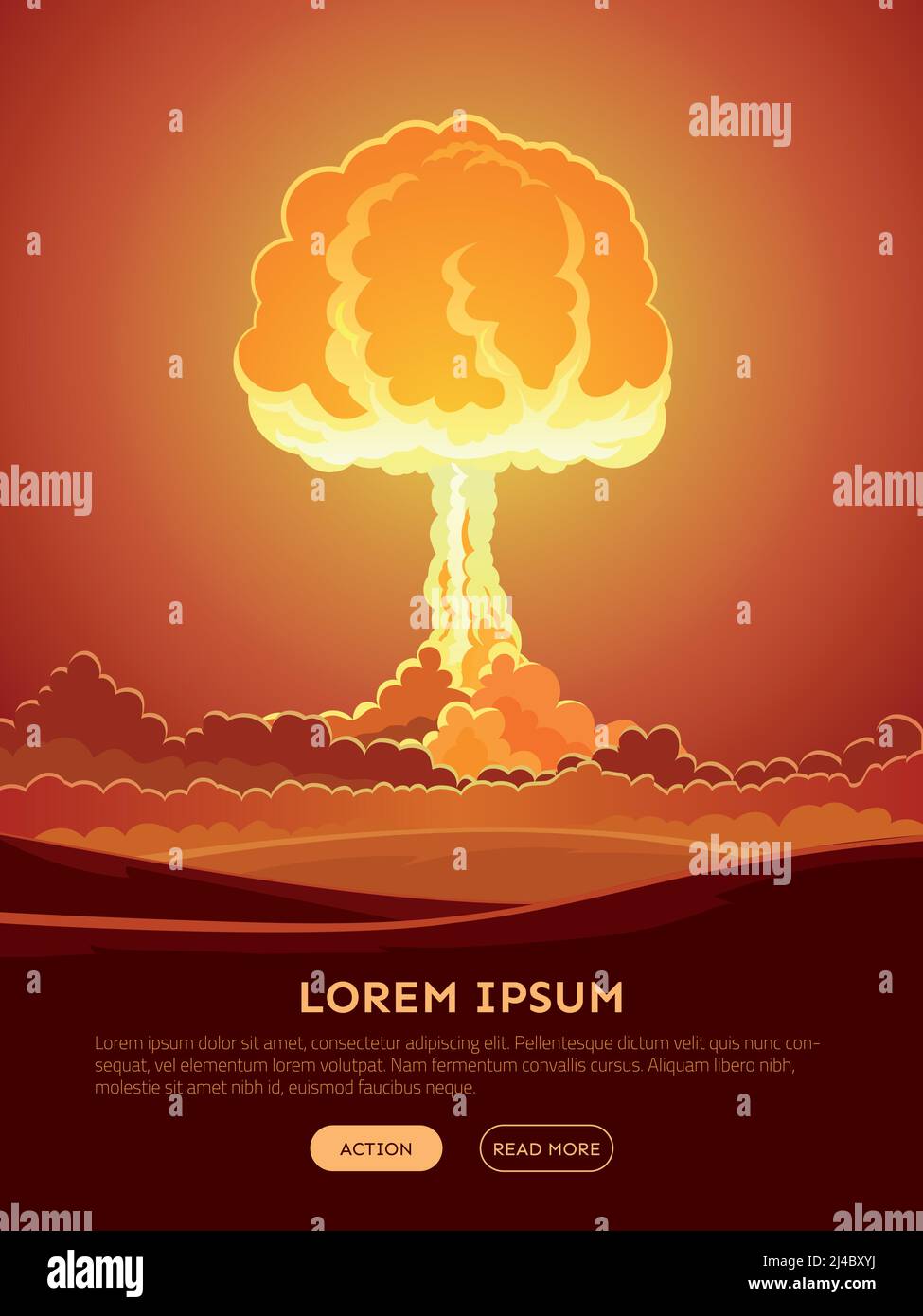 Affiche lumineuse d'explosion nucléaire avec nuage de champignon léger et fumée effet dans l'illustration vectorielle de style comique Illustration de Vecteur