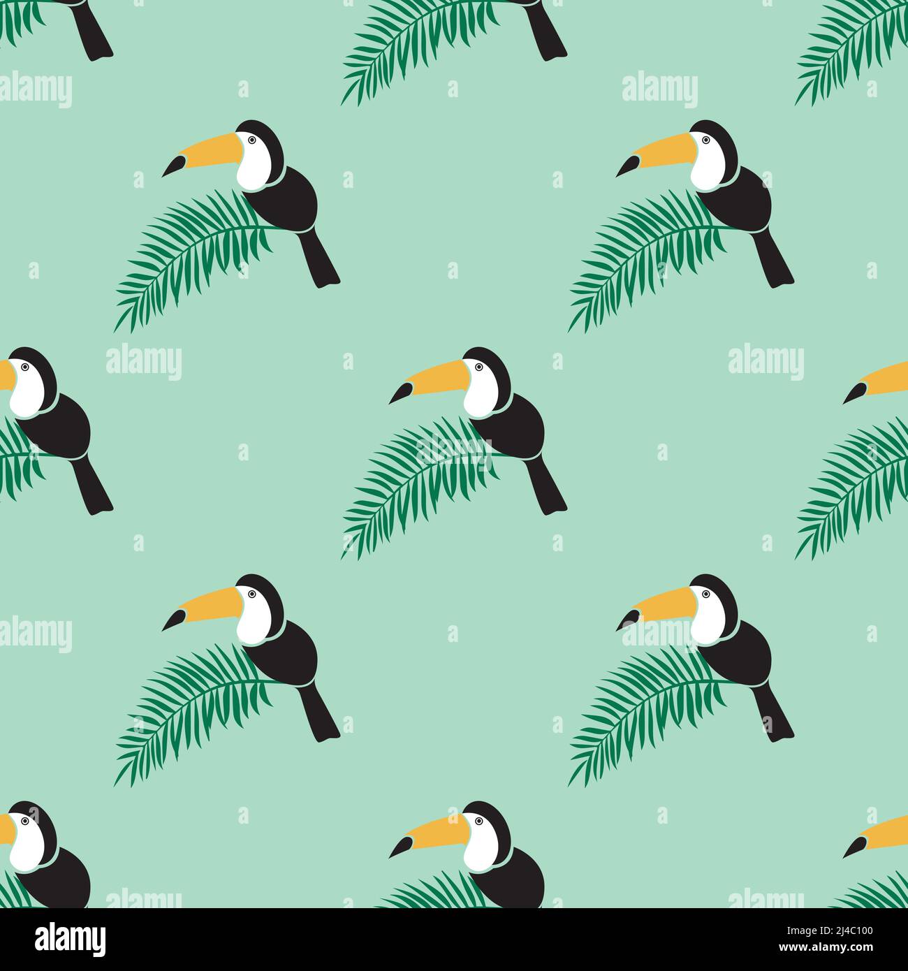 Joli oiseau Toucan avec feuilles de palmier isolé sur fond vert clair est dans le motif sans couture - illustration vectorielle Illustration de Vecteur