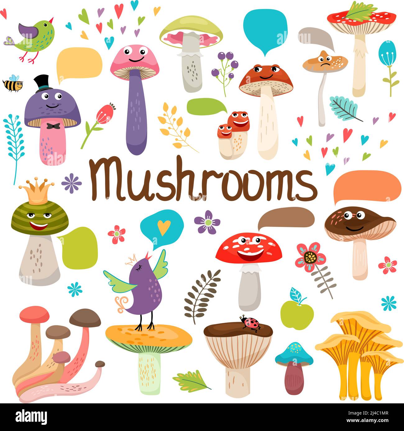 De jolis champignons de dessin animé avec des visages et des bulles de parole avec des oiseaux et motif vectoriel de couleur insectes sur blanc Illustration de Vecteur